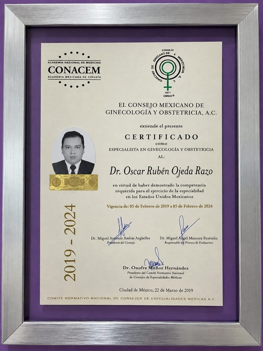 Certificado de especialista en Ginecología y Obstetricia, CONACEM