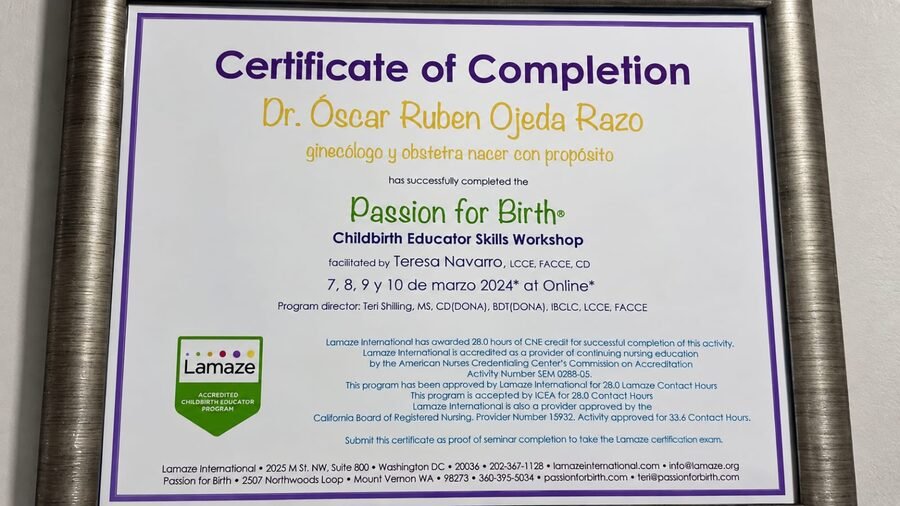 Certificado Passion for Birth, Lamaze International, Childbirth Educator Skills Workshop